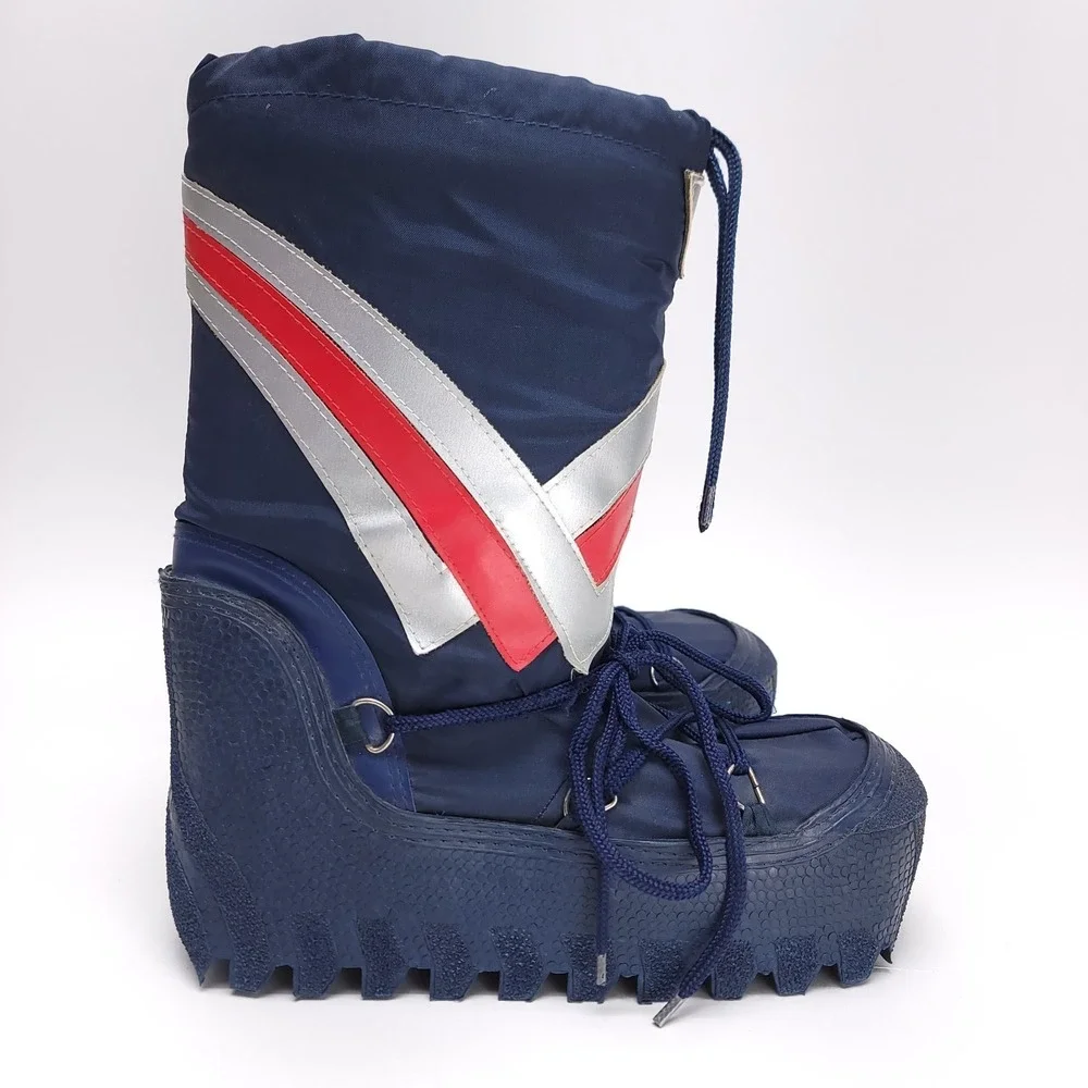 Vintage 80s Moon Boots Snow Retro Blue Silver Techno‎ Viking Napoleon Mens 9-10